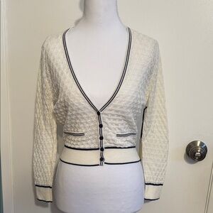 Forever 21 White Textured Cardigan with Black Trim
